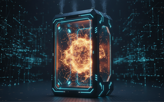 Immagine futuristica, irreale, di una cassa rettangolare con vetri trasparenti ed all'interno si vede un nucleo di fuoco. Sullo sfondo, pareti fatte di codice.