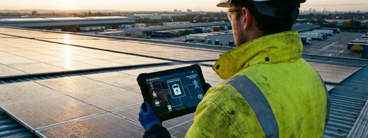 Tecnico Fotovoltaico con un Tablet in mano che monitora un Impianto su di un tetto.